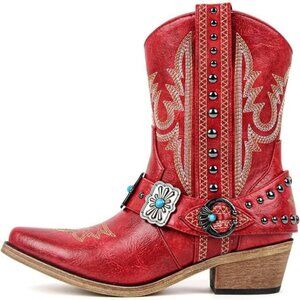 Women's Red Ankle High Embroidery Pointed Toe Cowgirl Boots Rodeo Country
